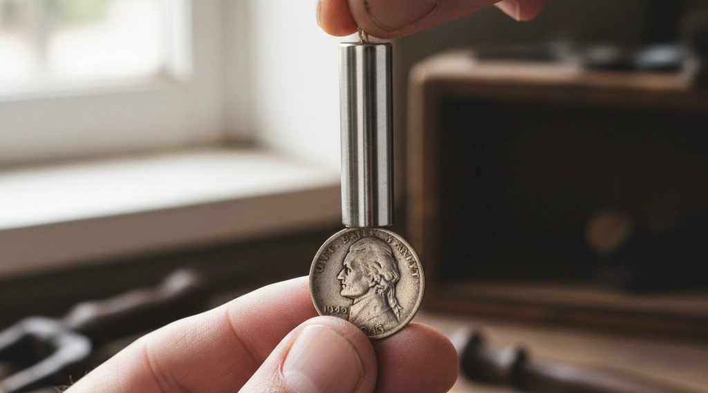 Hand testing a 1943 nickel with a magnet