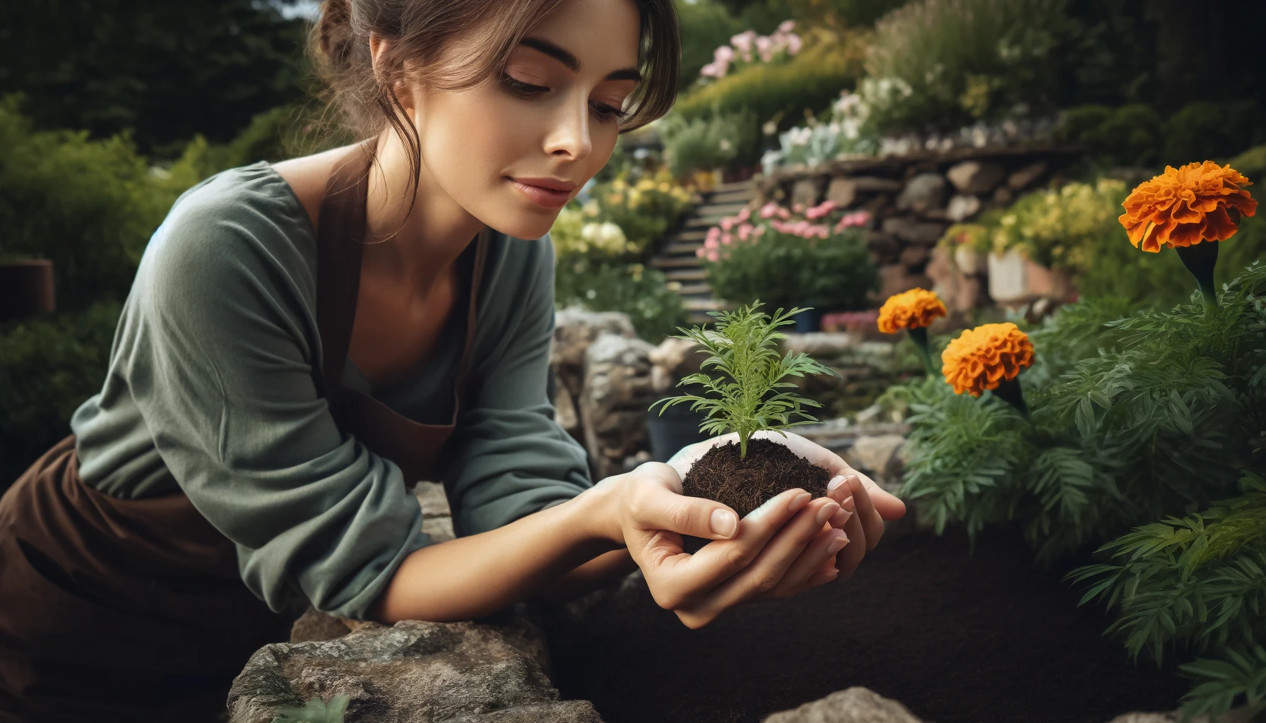 A woman is gently holding a marigold (tagete) seedling in her palms, preparing to plant it in the rockery