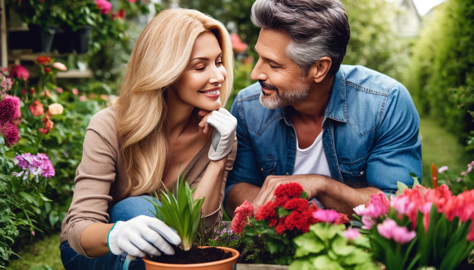 a handsome mature man looking affectionately at his appealing wife while they are planting flowers together in a garden