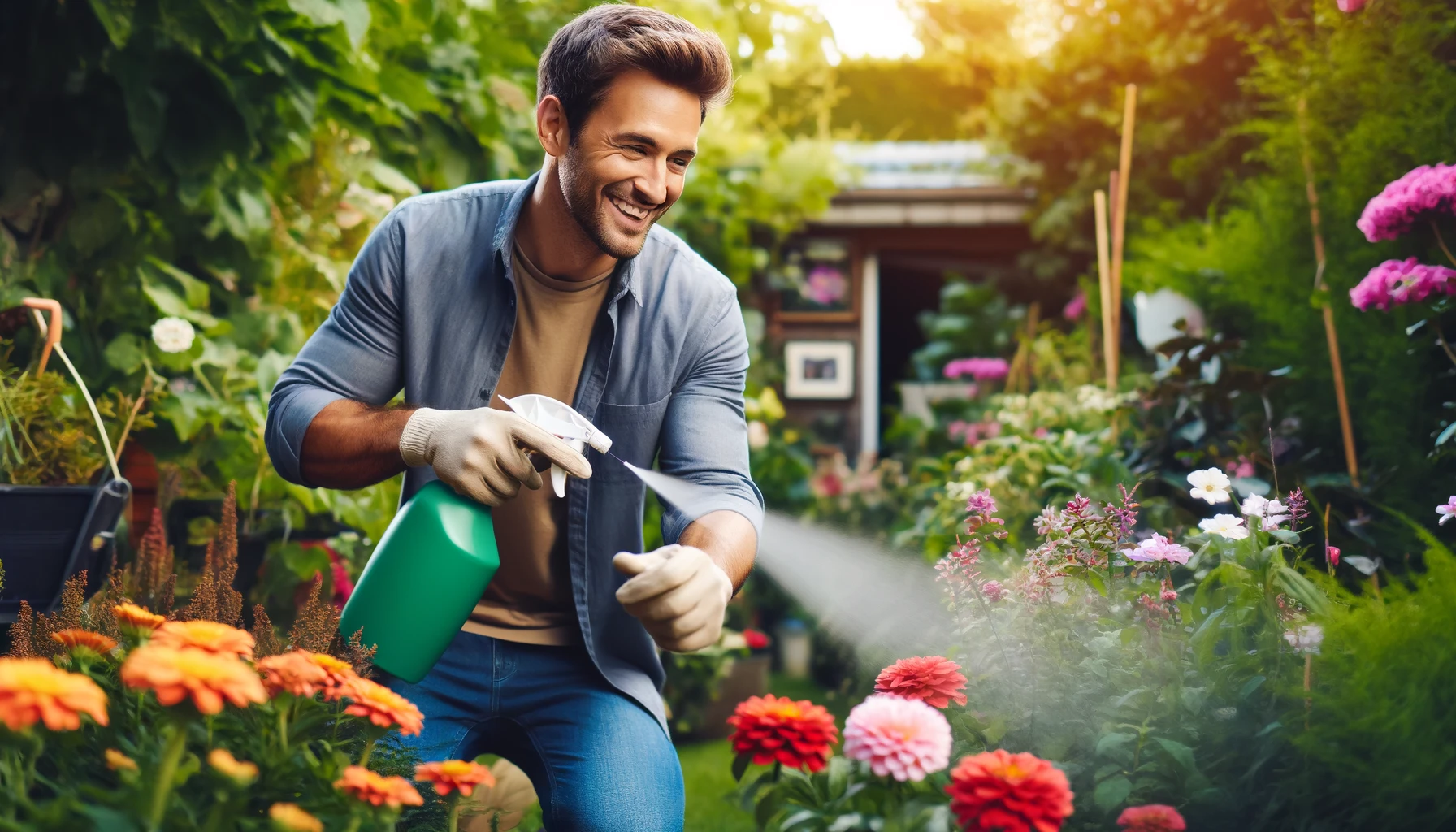 a happy man spraying flowers in a garden