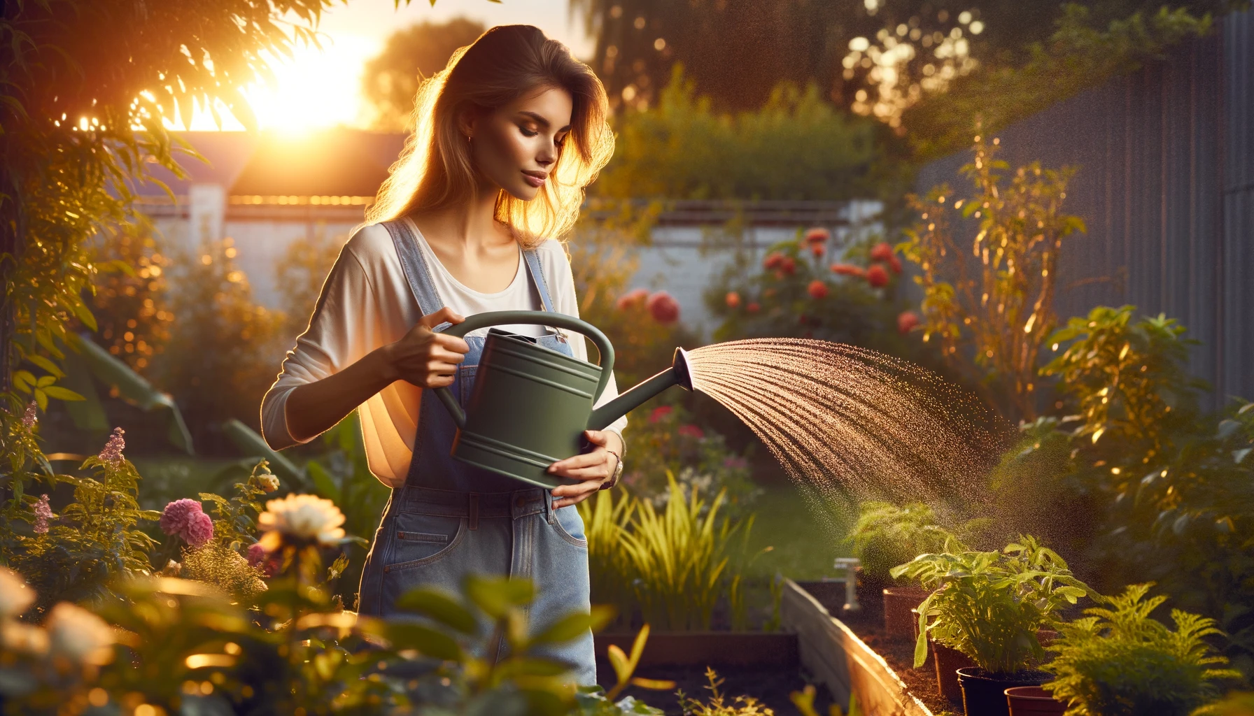 a young woman watering plants in a garden at sunset