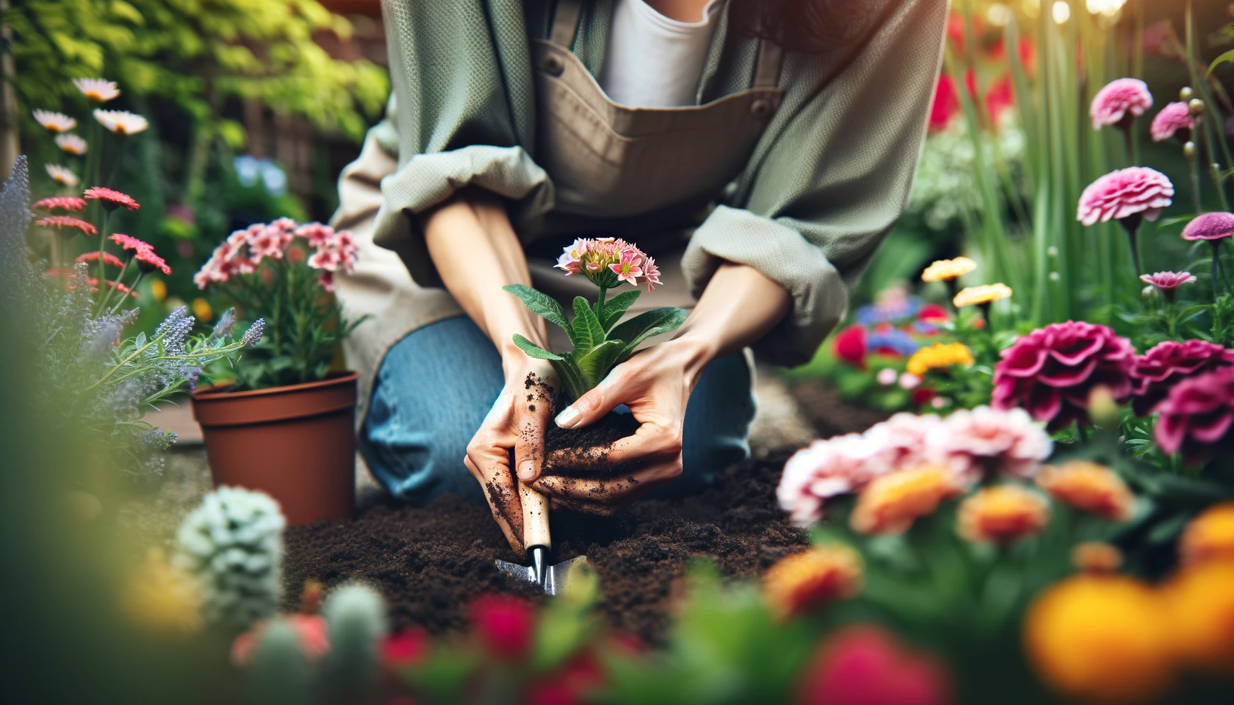 a woman planting flowers outdoors during gardening time