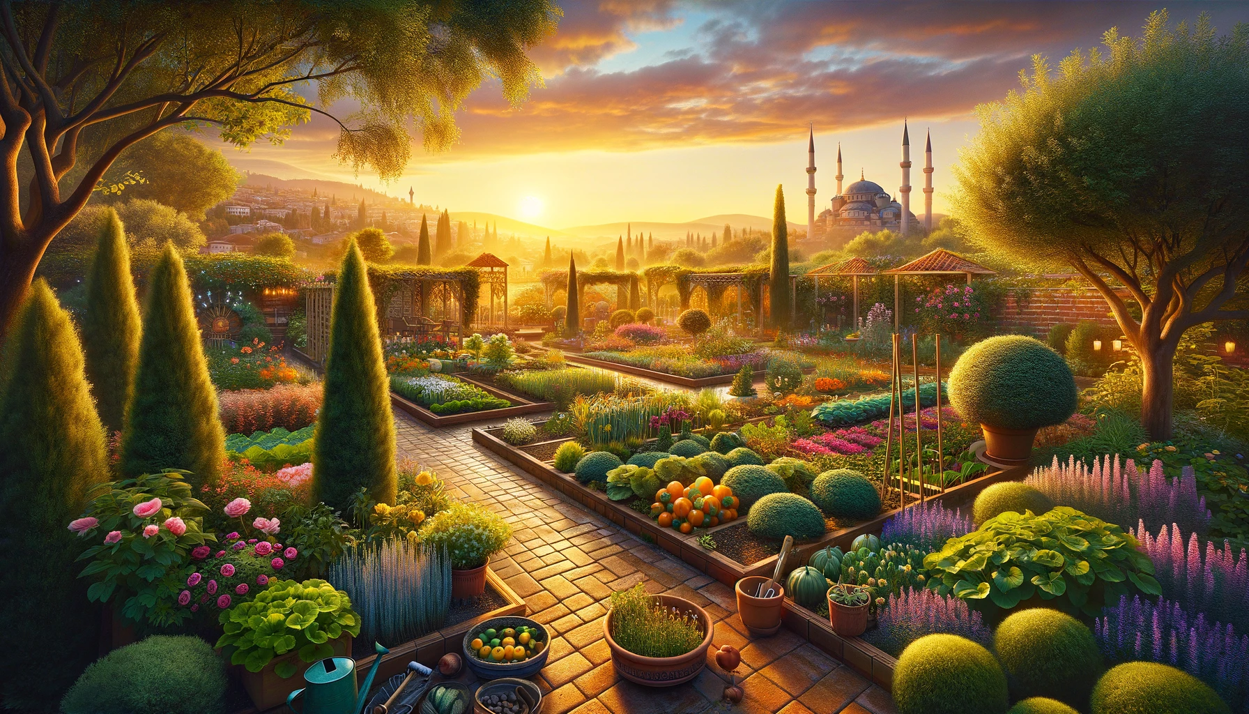 the peaceful atmosphere of a well-tended garden at sunset in Turkey, filled with plants, flowers, and a hint of the traditional Turkish landscape in the background.