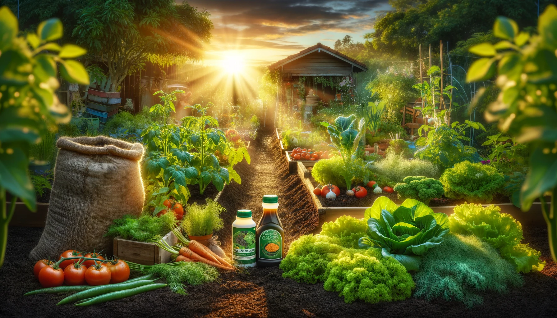 a lush vegetable garden at sunrise, enriched by the use of organic fertilizers. 