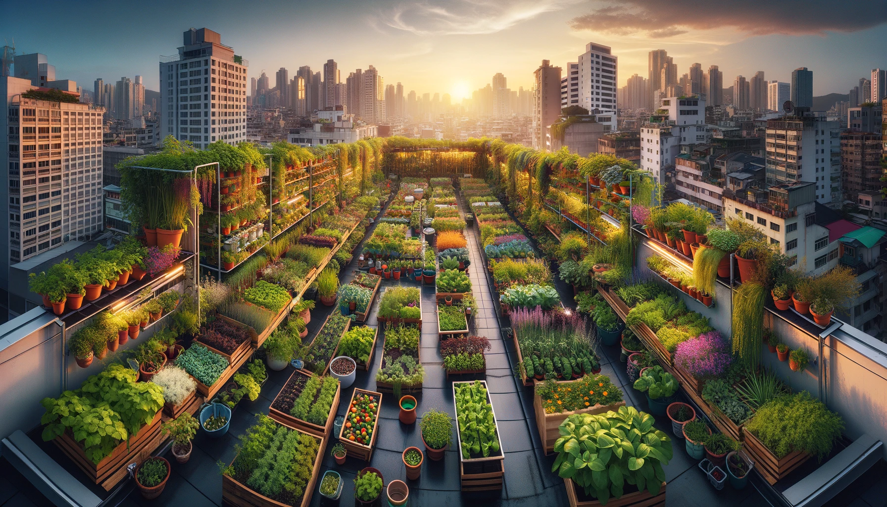 an urban garden on a rooftop, demonstrating how innovative gardening techniques can create lush, productive spaces in urban environments. 