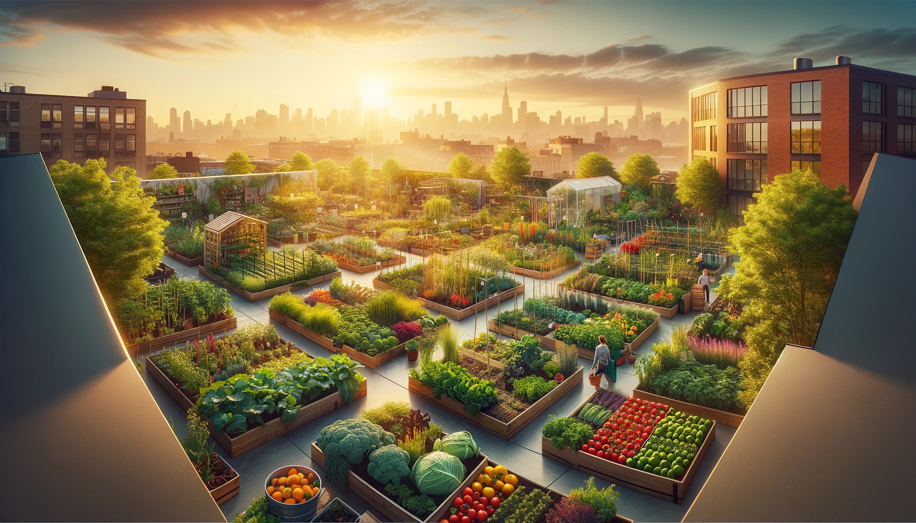 an urban garden at sunrise, featuring a variety of spring-planted vegetables, fruits, and herbs. 