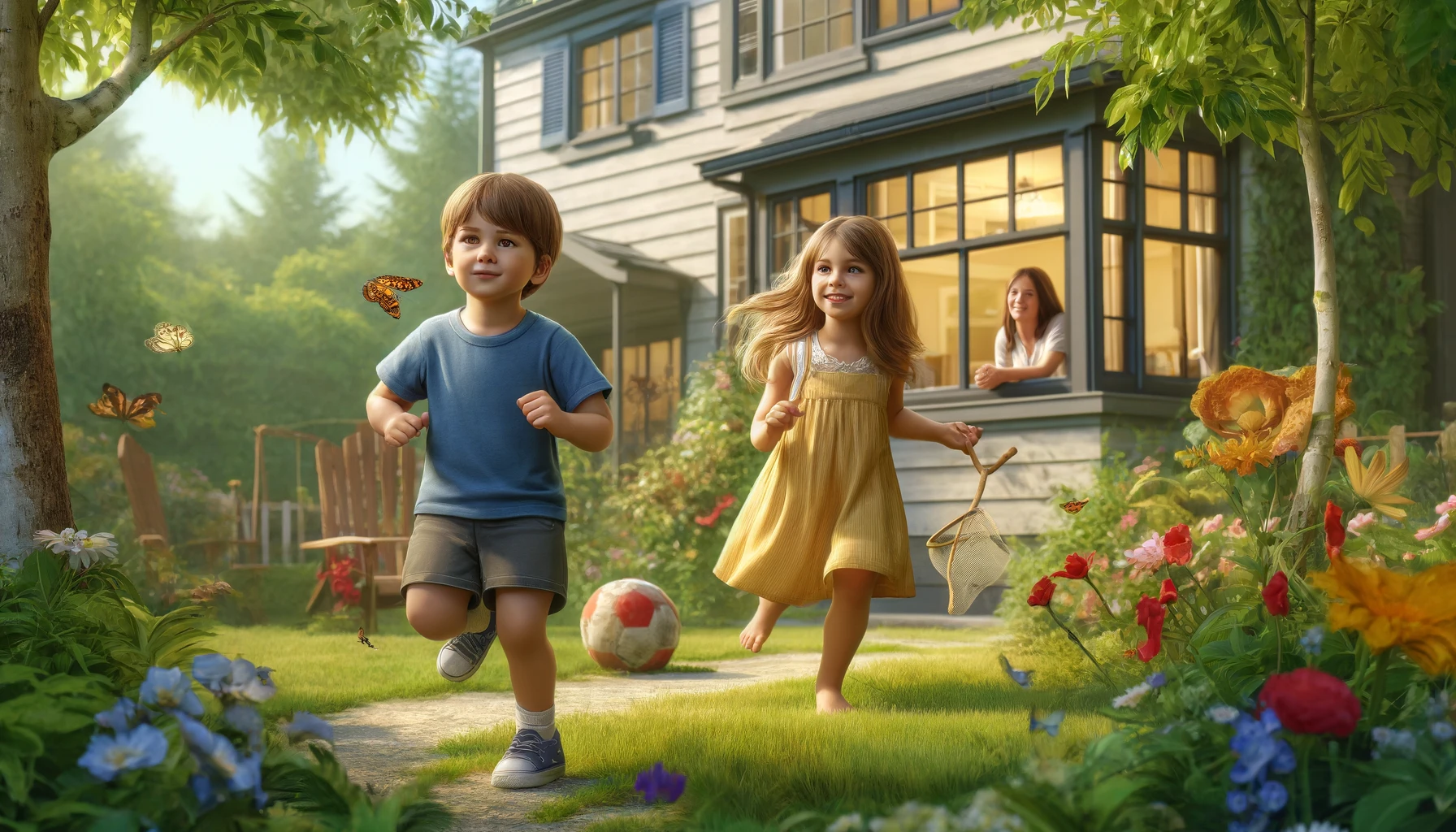 two children, a boy and a girl, playing in a lush garden. The boy is around 6 years old, wearing a blue T-shirt and shorts. The girl, about 8, is dressed in a yellow sundress, chasing butterflies with a small net. Nearby, a two-story house with a large window through which a woman in her mid-30s, with brown hair, watches them, smiling.
