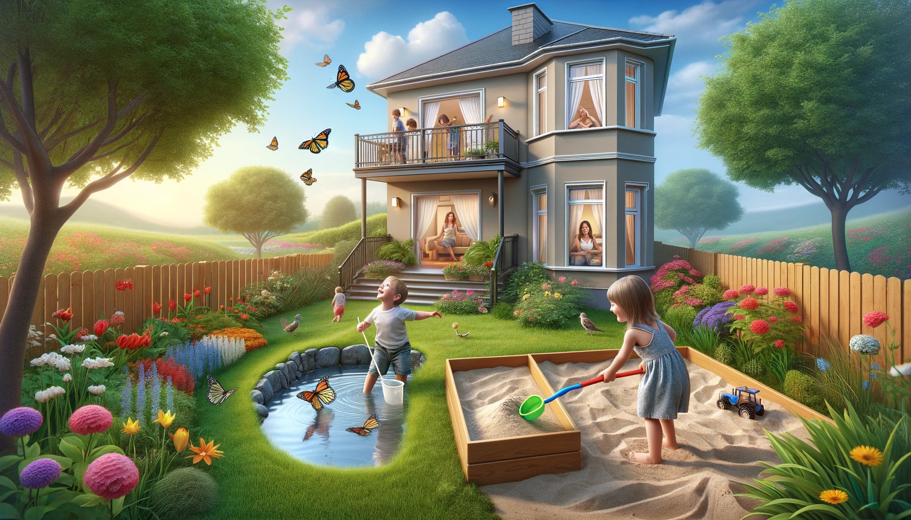 a child boy is chasing butterflies with a net, while the girl is digging in a sandbox. The two-story house appears with the mother watching through an upstairs window.