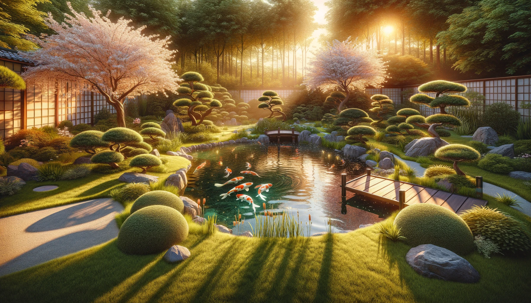a serene summer garden at sunset. This garden is designed with an emphasis on tranquility, featuring a Japanese-style layout with a koi pond in the center. Surrounding the pond are lush bonsai trees, delicate cherry blossoms, and neatly trimmed grass.