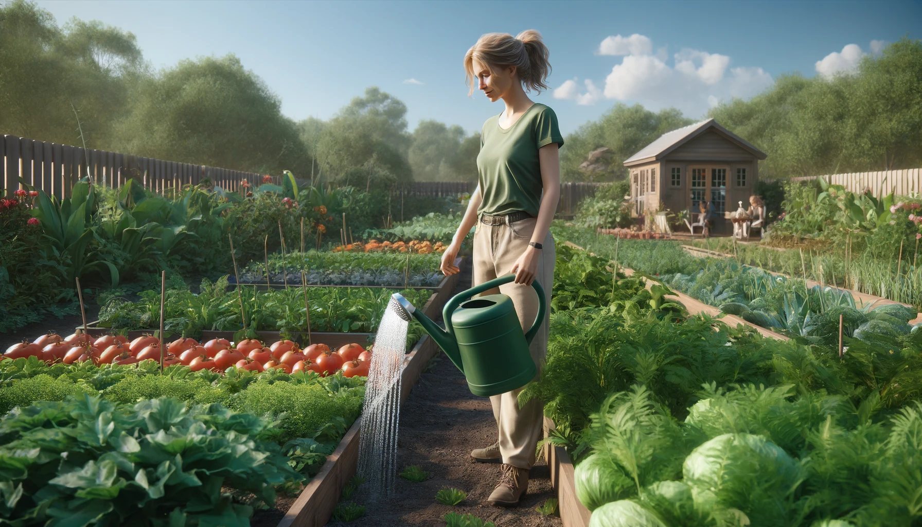 a woman gardening in her vegetable garden during a sunny afternoon. She is wearing a casual green t-shirt and beige pants, standing and watering her vegetable plots with a watering can.