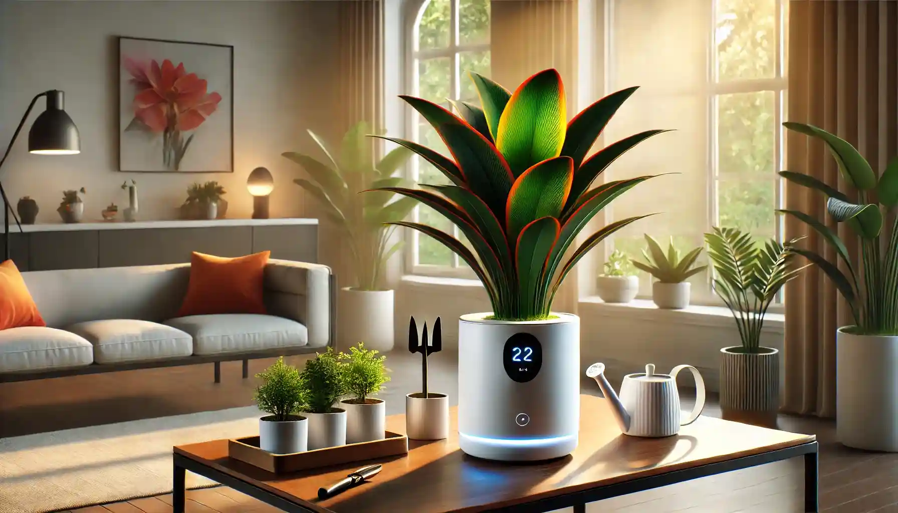A modern smart pot with an auto-watering system, featuring a bright tropical plant, placed on a sleek indoor table with some gardening tools.
