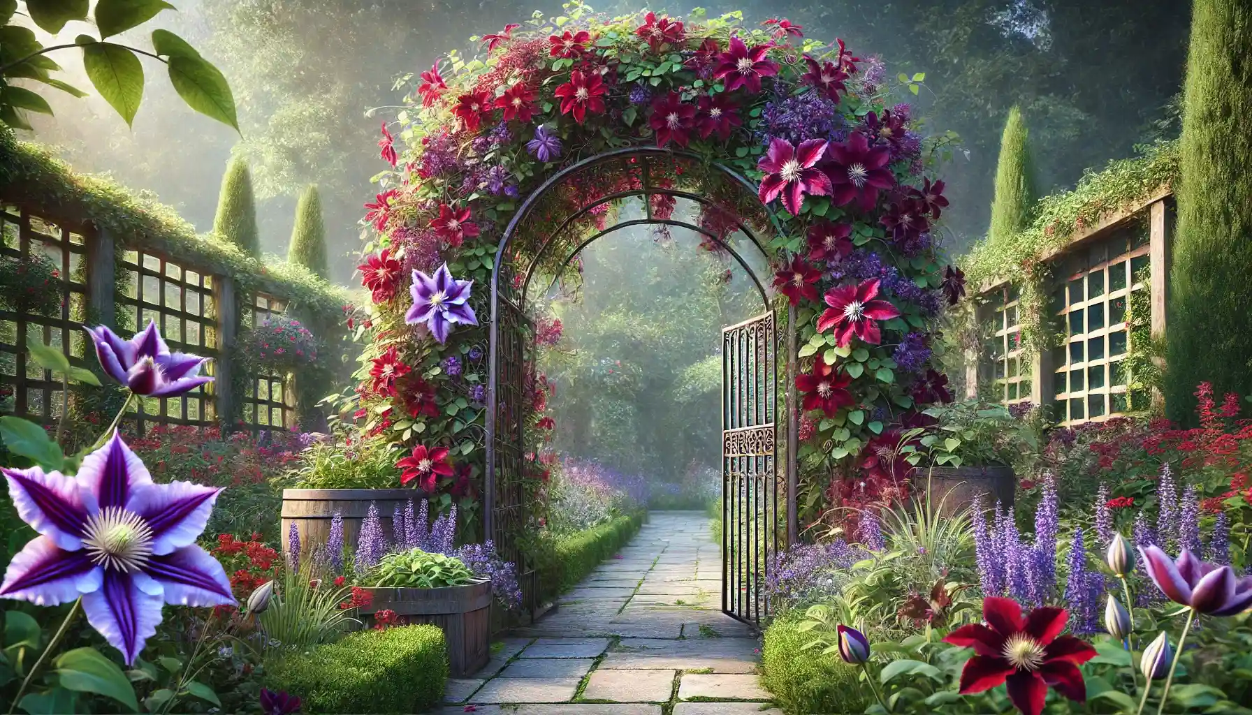 a clematis plant climbing a rustic metal arch in a well-maintained garden. The clematis is in full bloom, featuring deep red and violet flowers cascading over the arch.