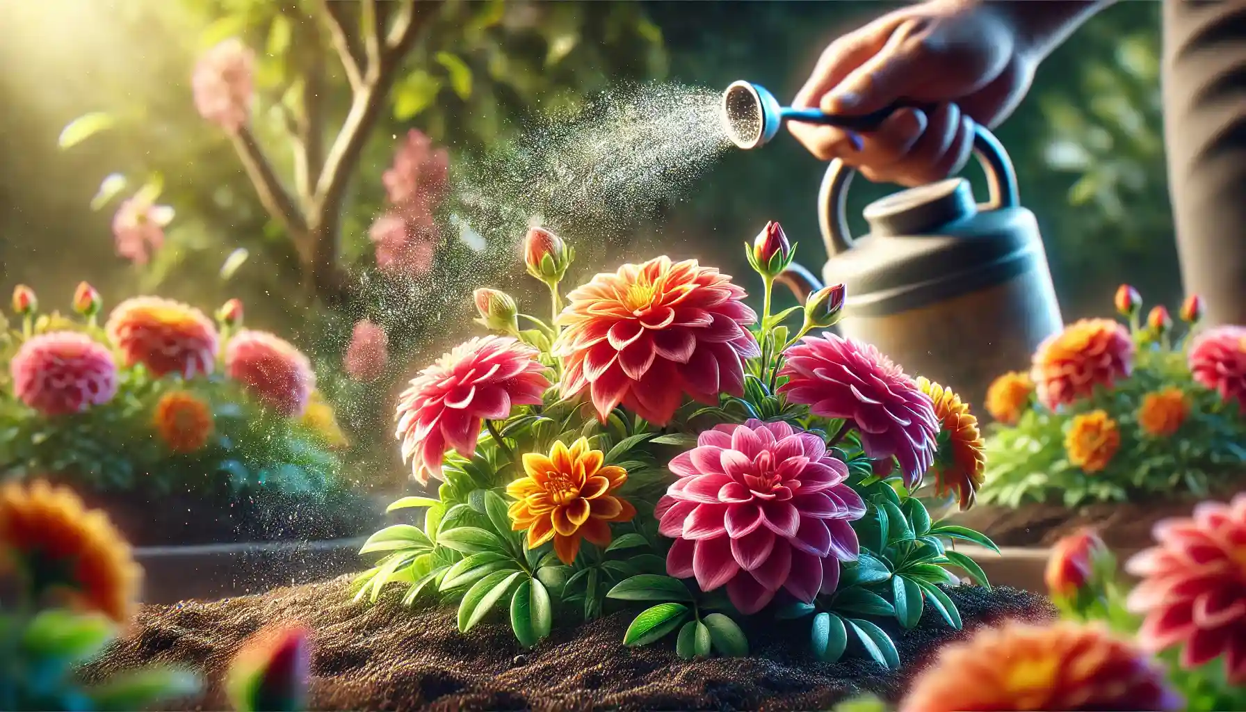 vibrant, blooming flowers in a well-maintained garden bed. The flowers are surrounded by rich, dark soil, with visible droplets of water and sunlight highlighting the petals.