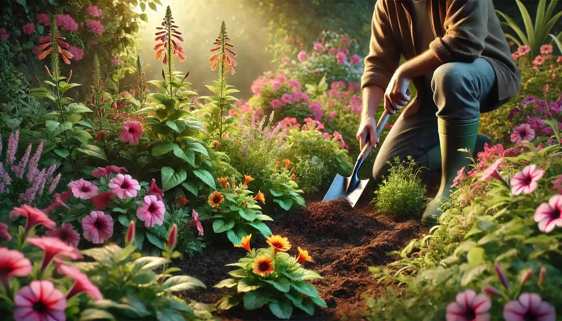 a gardener tending to a lush flower garden, using a small hand spade to apply organic fertilizer around blooming flowers.