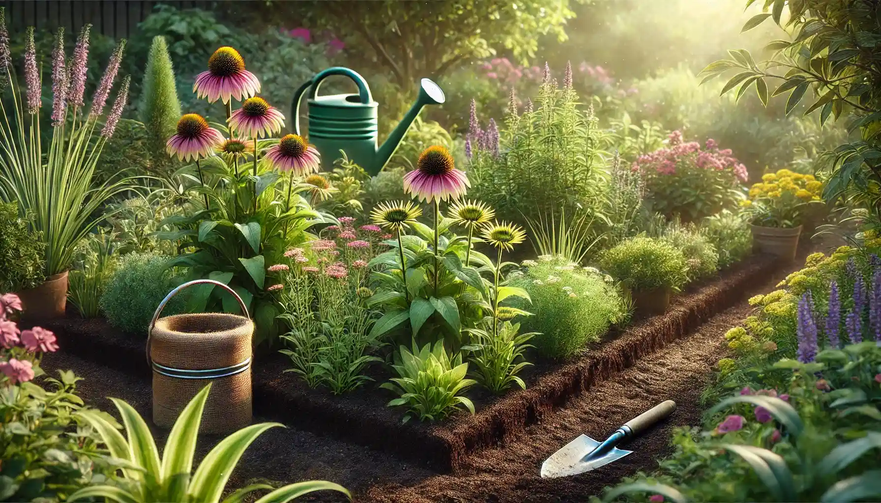 a lush spring garden with freshly transplanted perennials like coneflowers and yarrow.