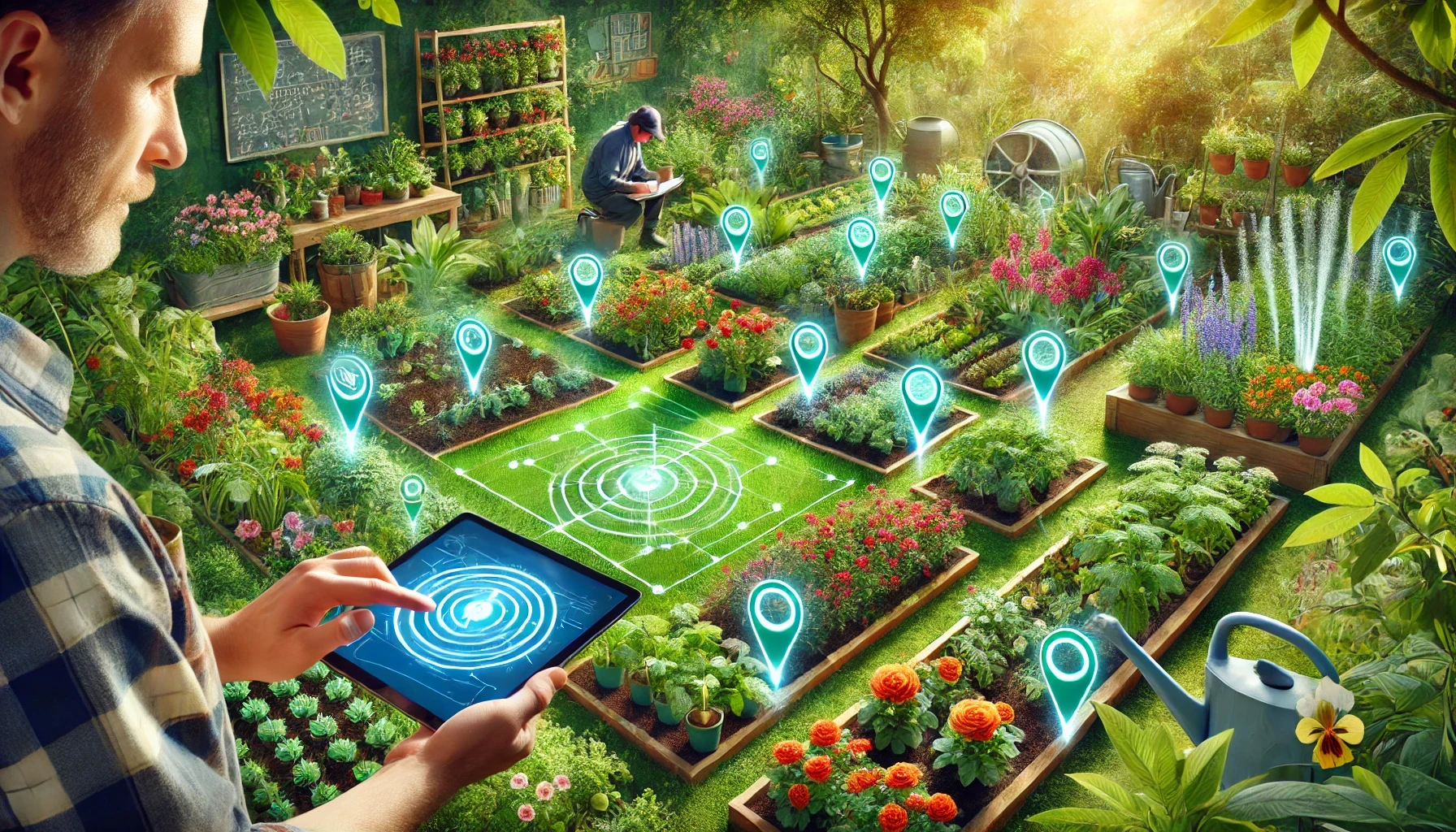 A bright eco-friendly garden with GPS technology integrated, showing the gardener using a tablet to map the garden layout.