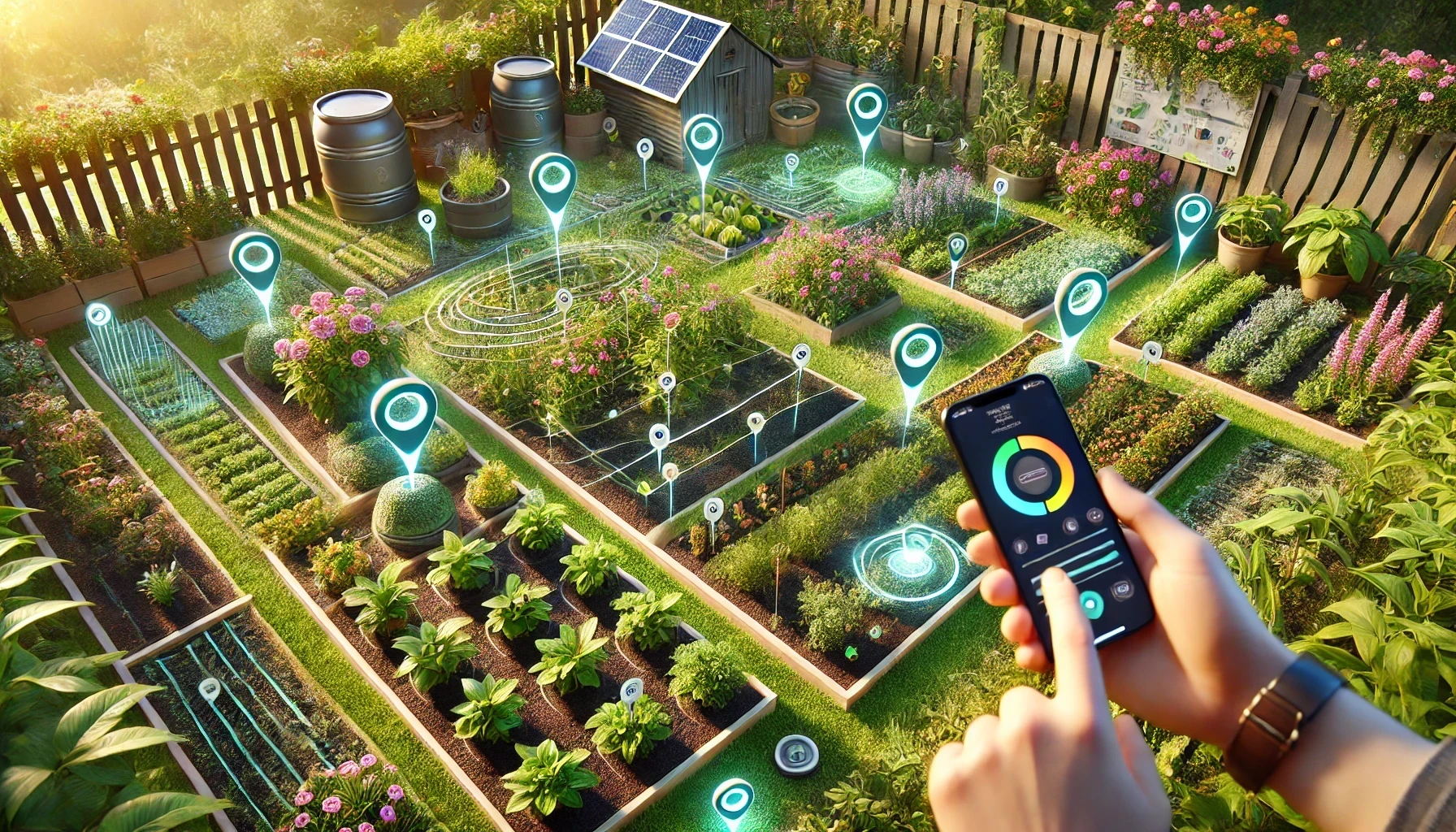  A detailed view of a smart eco-friendly garden using GPS technology along with a close-up of plants with GPS markers and sensors embedded in the soil.