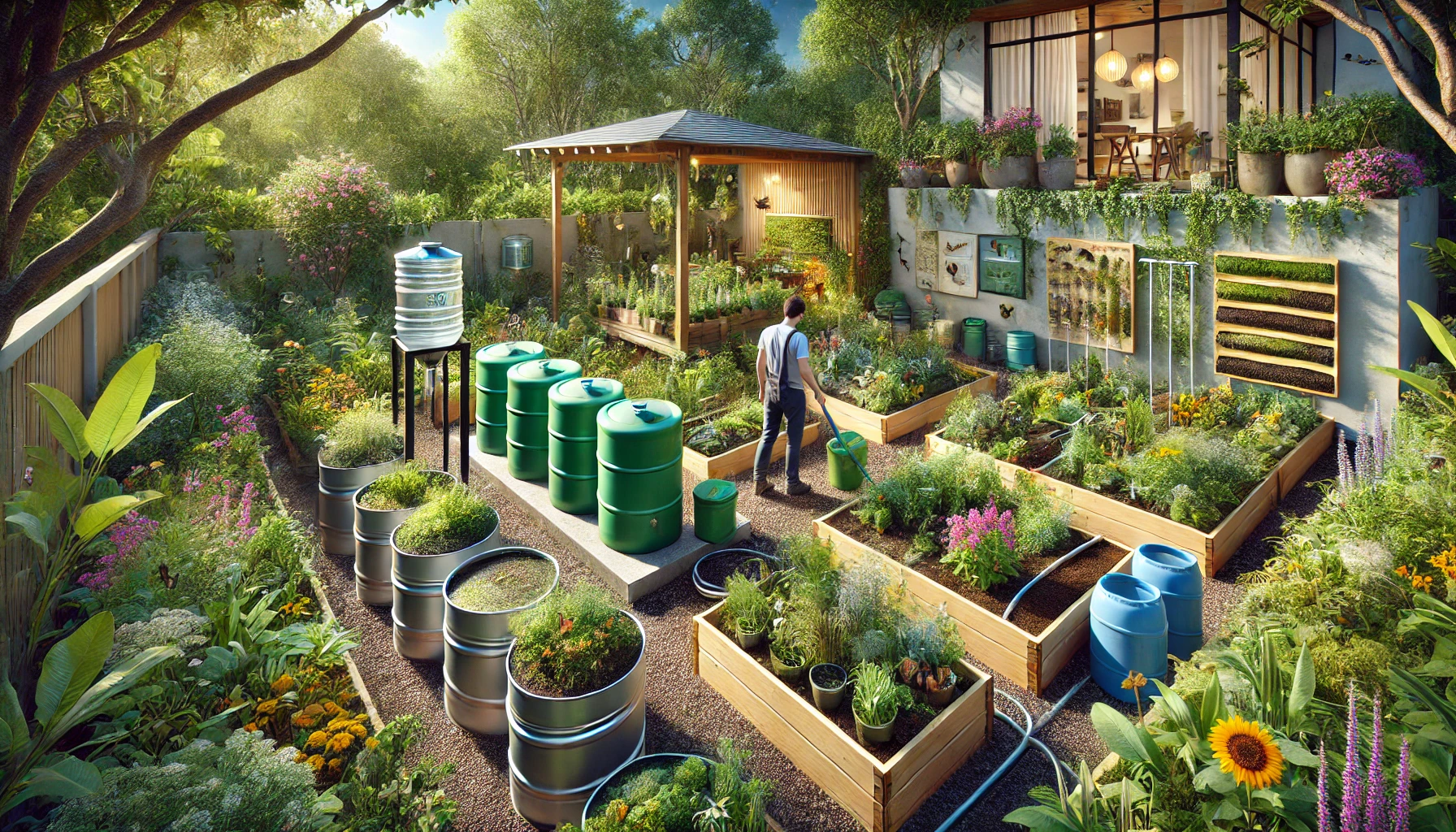 A sustainable garden focusing on eco-friendly practices. The garden features a variety of plants, including native species and perennials, thriving in well-tended beds.