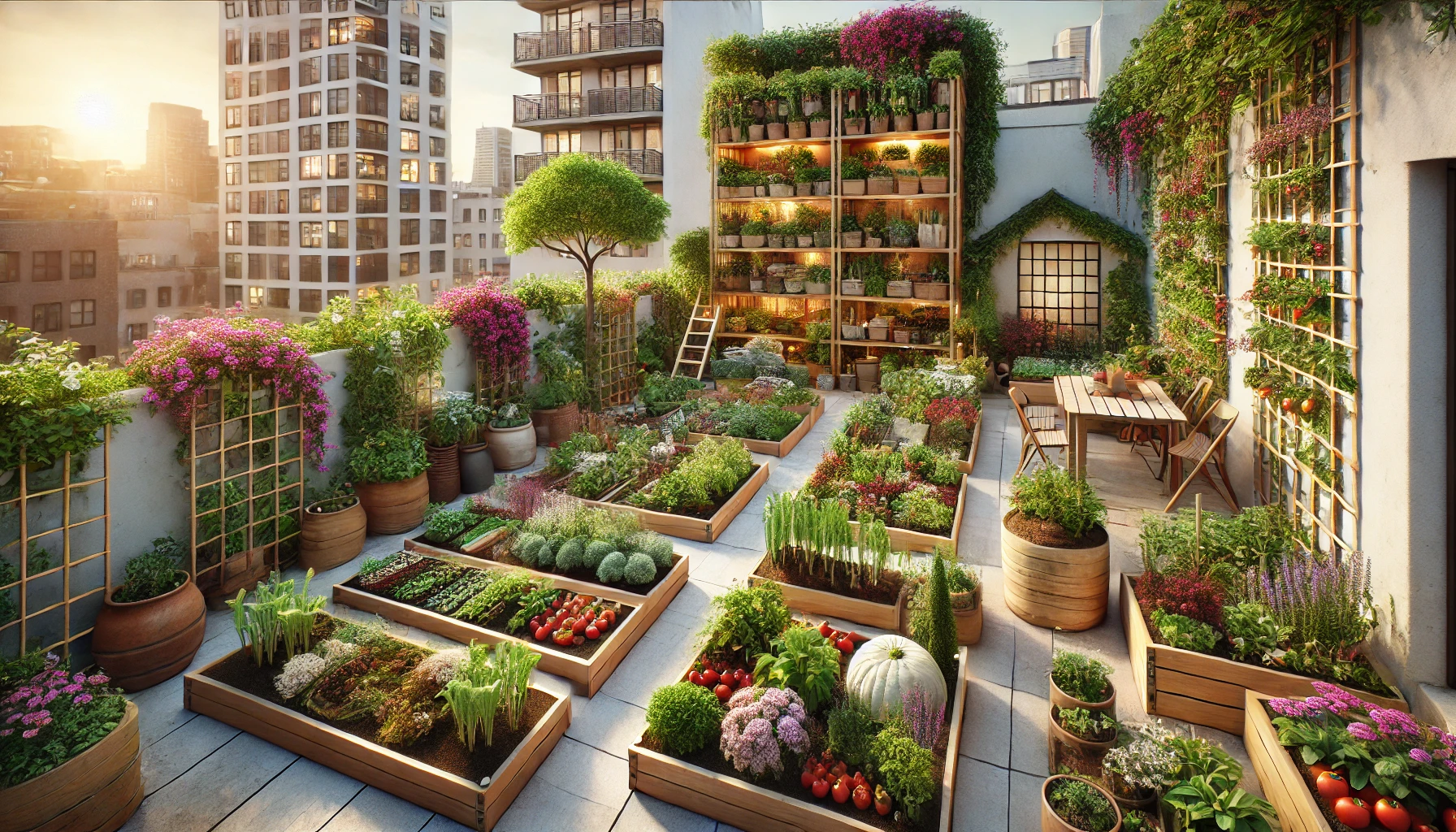 An urban garden maximizing small spaces with innovative gardening techniques. The garden features raised beds on a small rooftop, filled with a variety of vegetables, herbs, and flowers. In one corner, a hugelkultur bed is layered with organic materials and thriving plants.