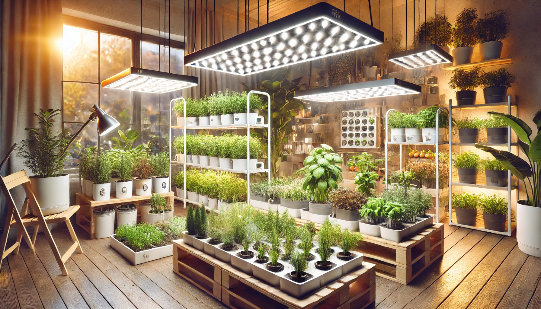 Sustainable, year-round garden featuring indoor gardening setups for winter. The scene includes a bright indoor space with various containers and pots growing herbs, leafy greens, and small vegetables.