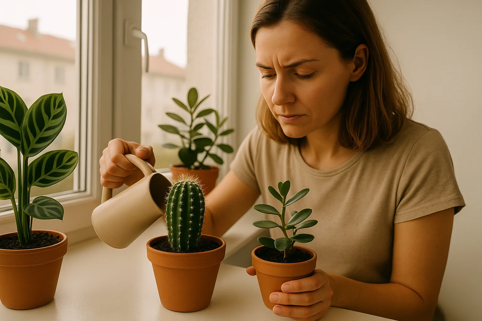 A young woman gently waters a potted plant, focusing on soil moisture.