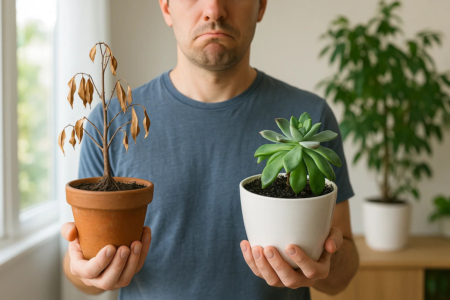 A man holds two pots side by side — one with a dried ficus from underwatering, the other with an overwatered succulent in soggy soil — showing the contrast between the two extremes.