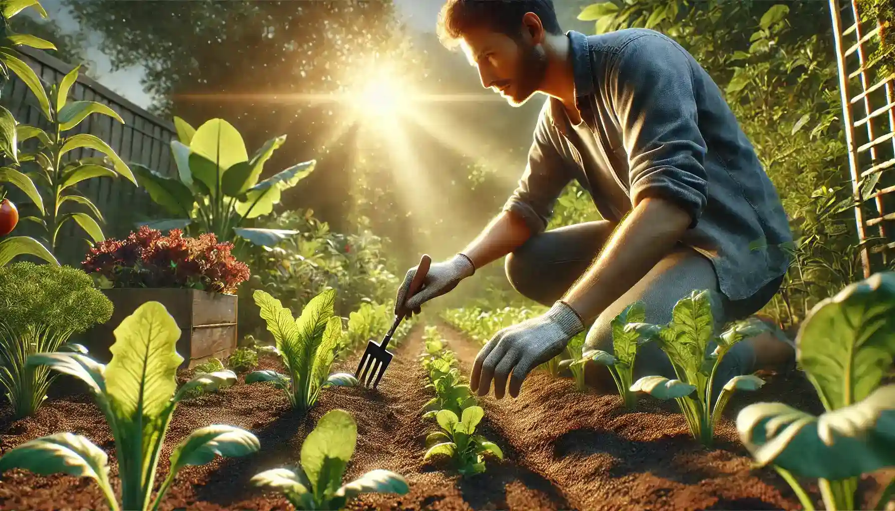 A gardener is carefully tending to plants in a lush vegetable garden.