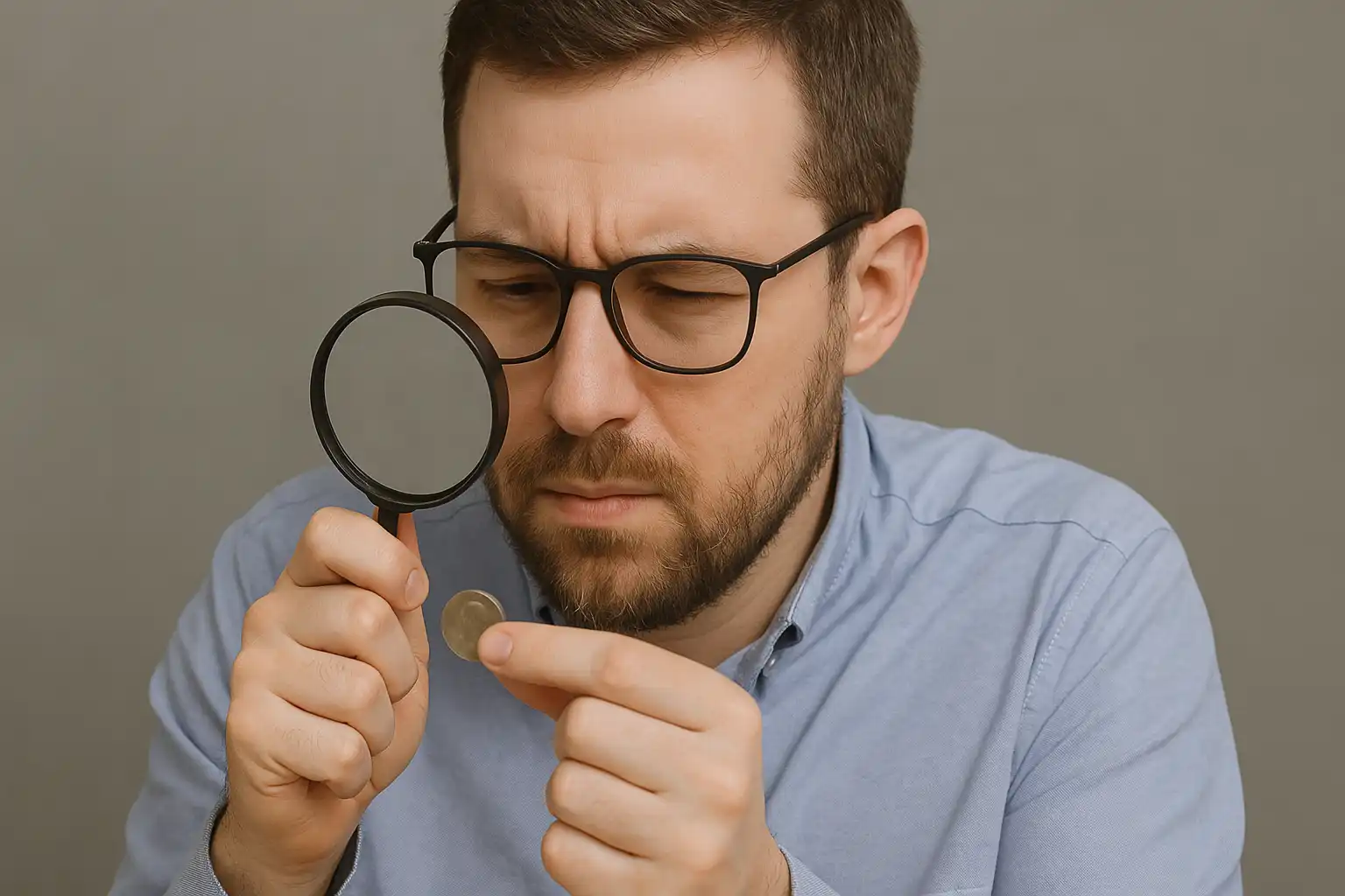 a man in glasses looking at a coin through a loupe 
