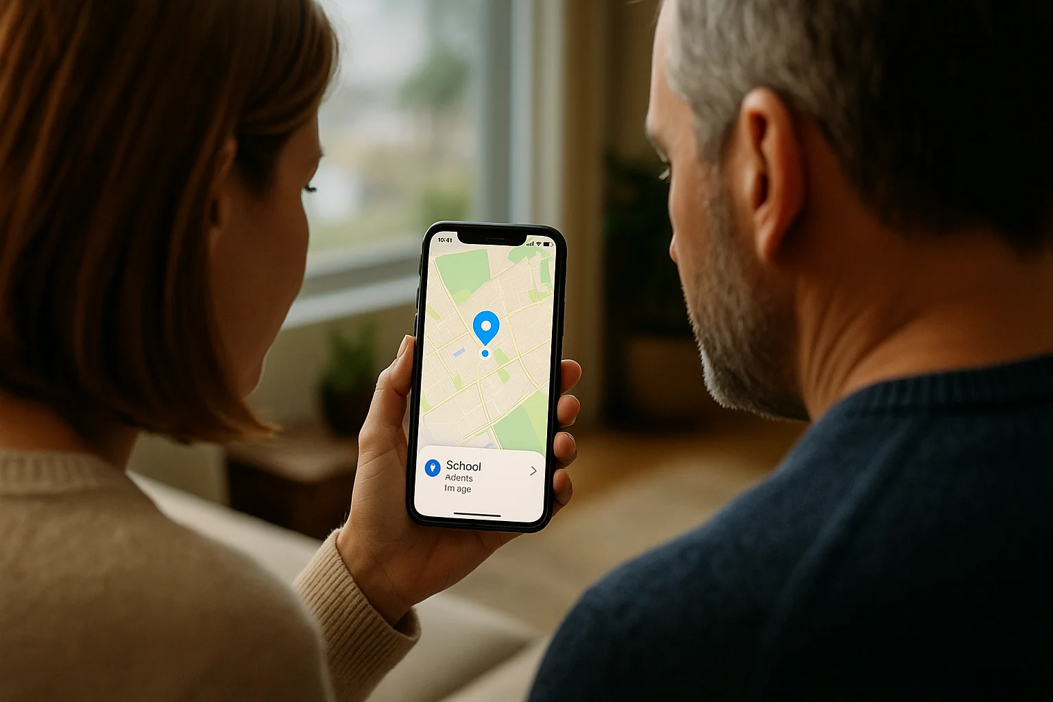A couple looks over the iPhone screen from behind, checking a “School — arrived” location update for their child on the map.