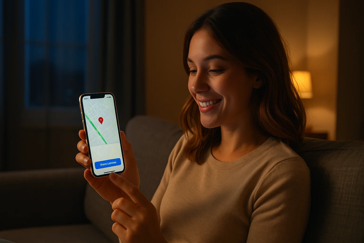 A young woman sits on a cozy sofa in the evening, smiling as she taps “Share Location” on her iPhone screen.